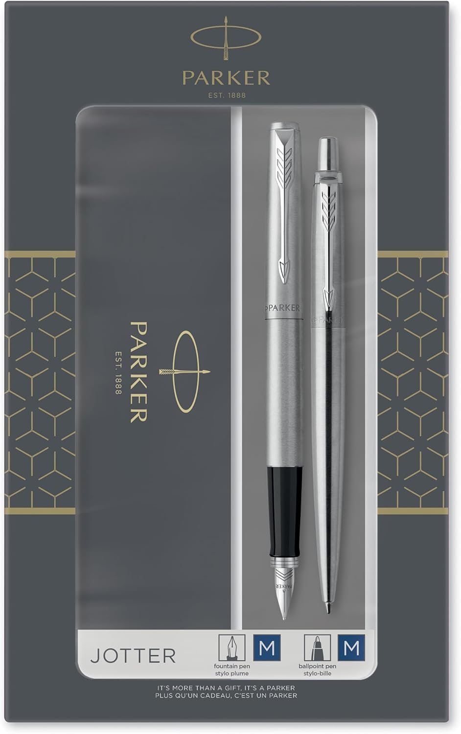 Parker Jotter Duo Gift Set with Ballpoint Pen & Fountain Pen, Stainless Steel with Chrome Trim, Blue Ink Refill & Cartridges, Gift Box