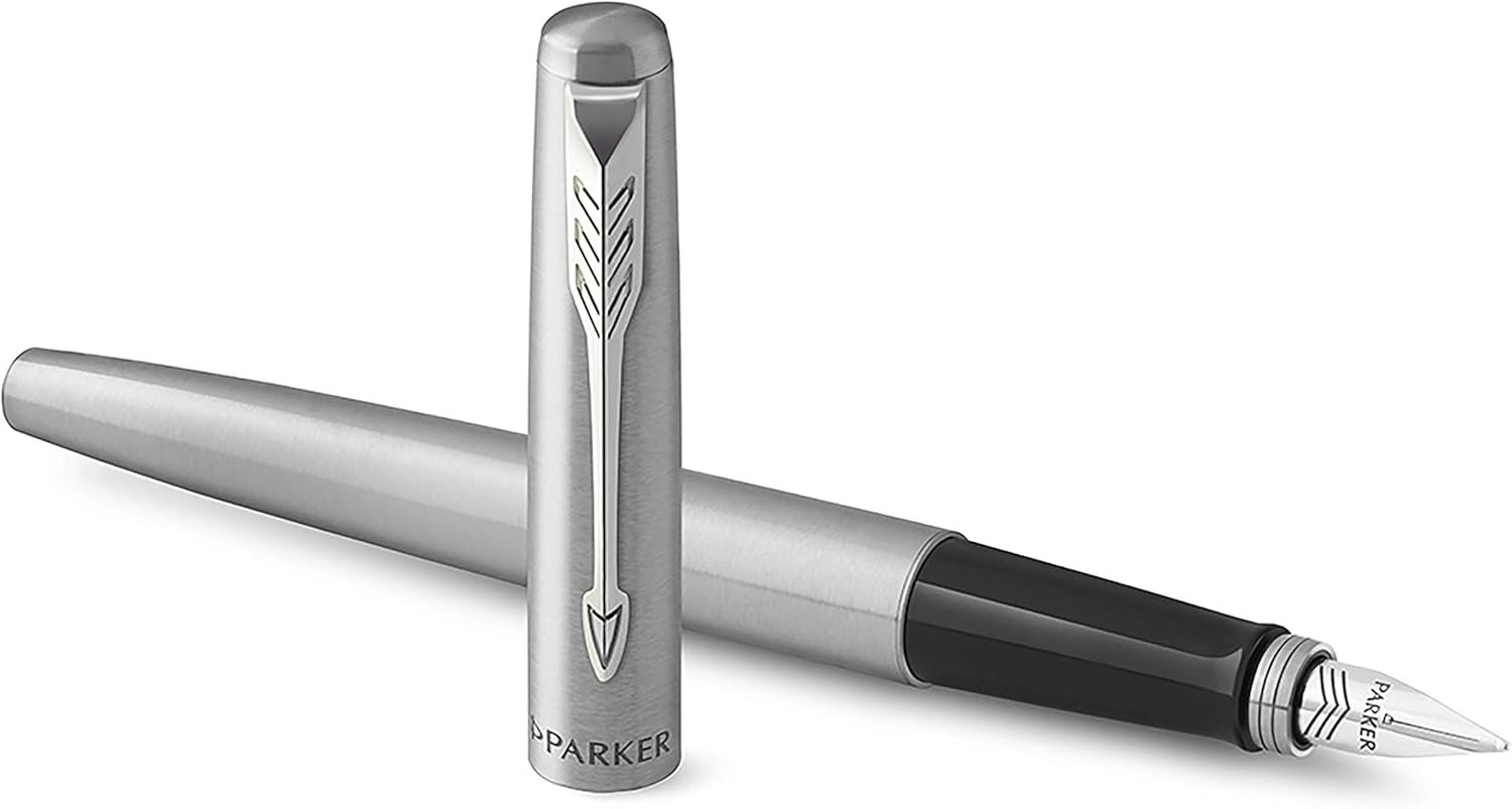 Parker Jotter Duo Gift Set with Ballpoint Pen & Fountain Pen, Stainless Steel with Chrome Trim, Blue Ink Refill & Cartridges, Gift Box - الصورة 2