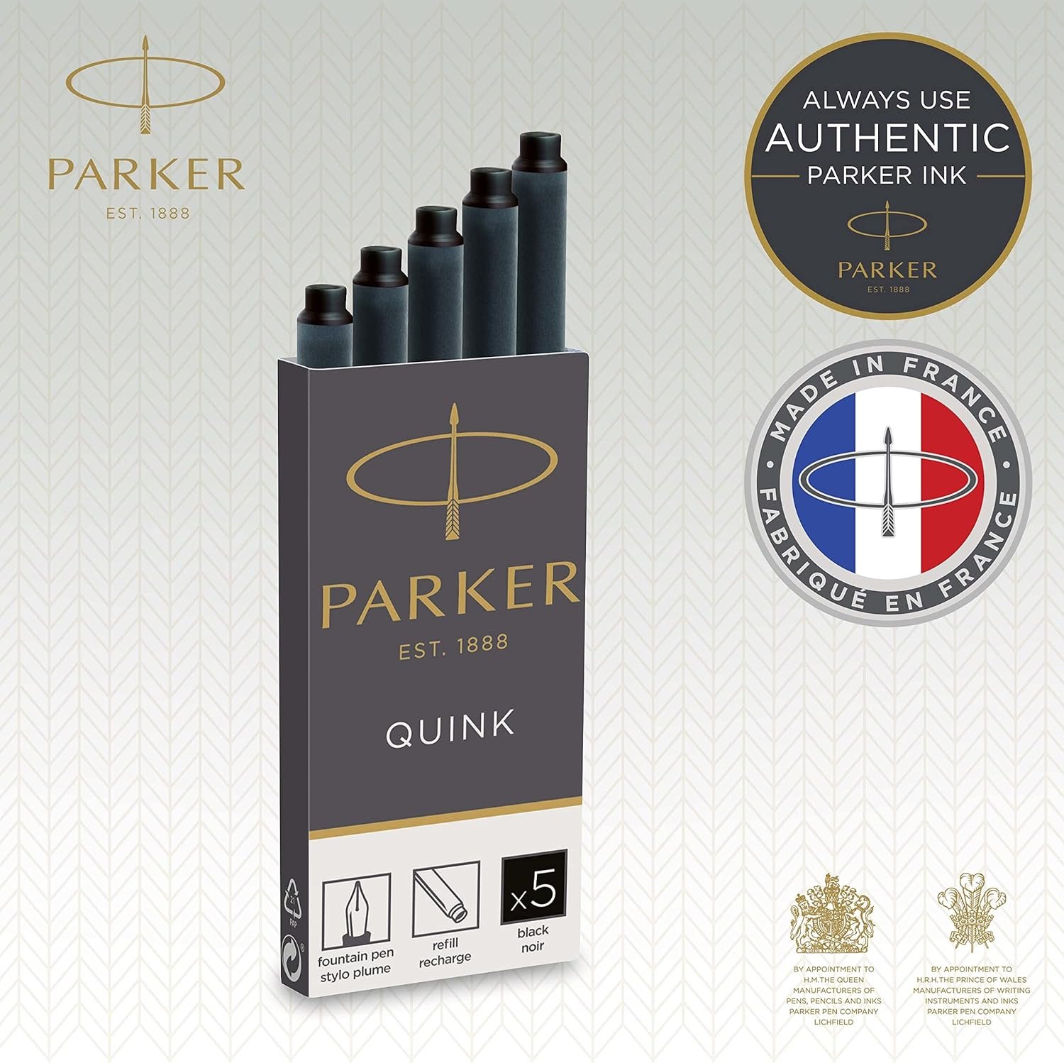 Parker Quink Long Fountain Pen Ink Refill 5 Cartridges - Black