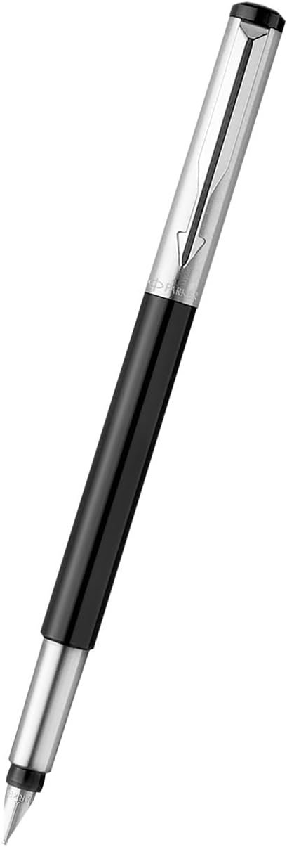 Parker Vector Mettalix Silver Trim Fountain Pen With Free Quink Blue Ink Bottle (Ink - Black)