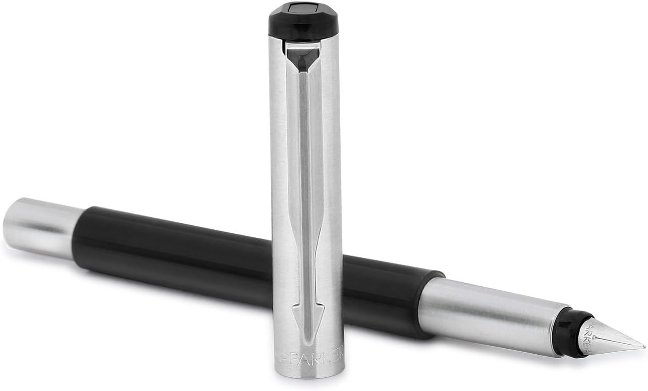 Parker Vector Mettalix Silver Trim Fountain Pen With Free Quink Blue Ink Bottle (Ink - Black) - الصورة 2