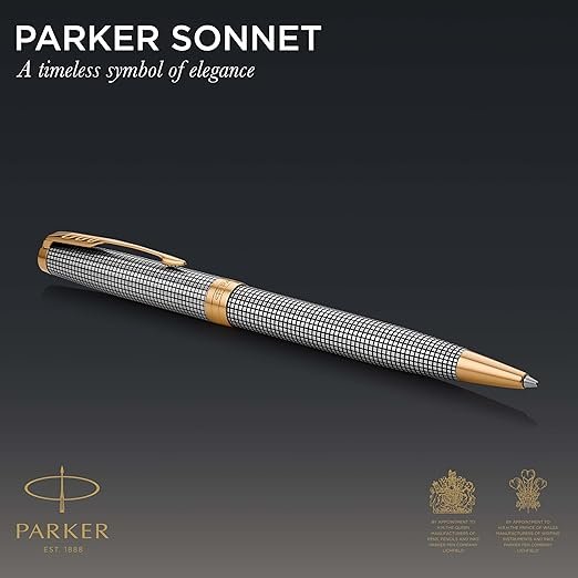 PARKER Sonnet Ballpoint Pen, Prestige Chiselled Silver with Gold Trim, Medium Point Black Ink - الصورة 2