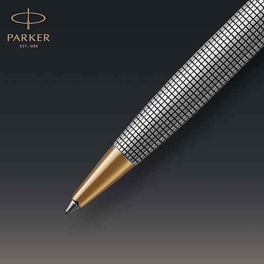 PARKER Sonnet Ballpoint Pen, Prestige Chiselled Silver with Gold Trim, Medium Point Black Ink - الصورة 3
