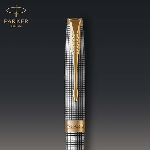 PARKER Sonnet Ballpoint Pen, Prestige Chiselled Silver with Gold Trim, Medium Point Black Ink - الصورة 4